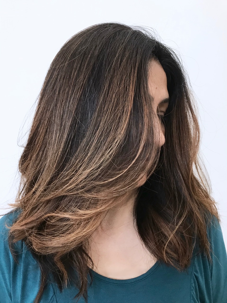 Finished dimensional brunette with natural light brown ribbons through dense dark hair