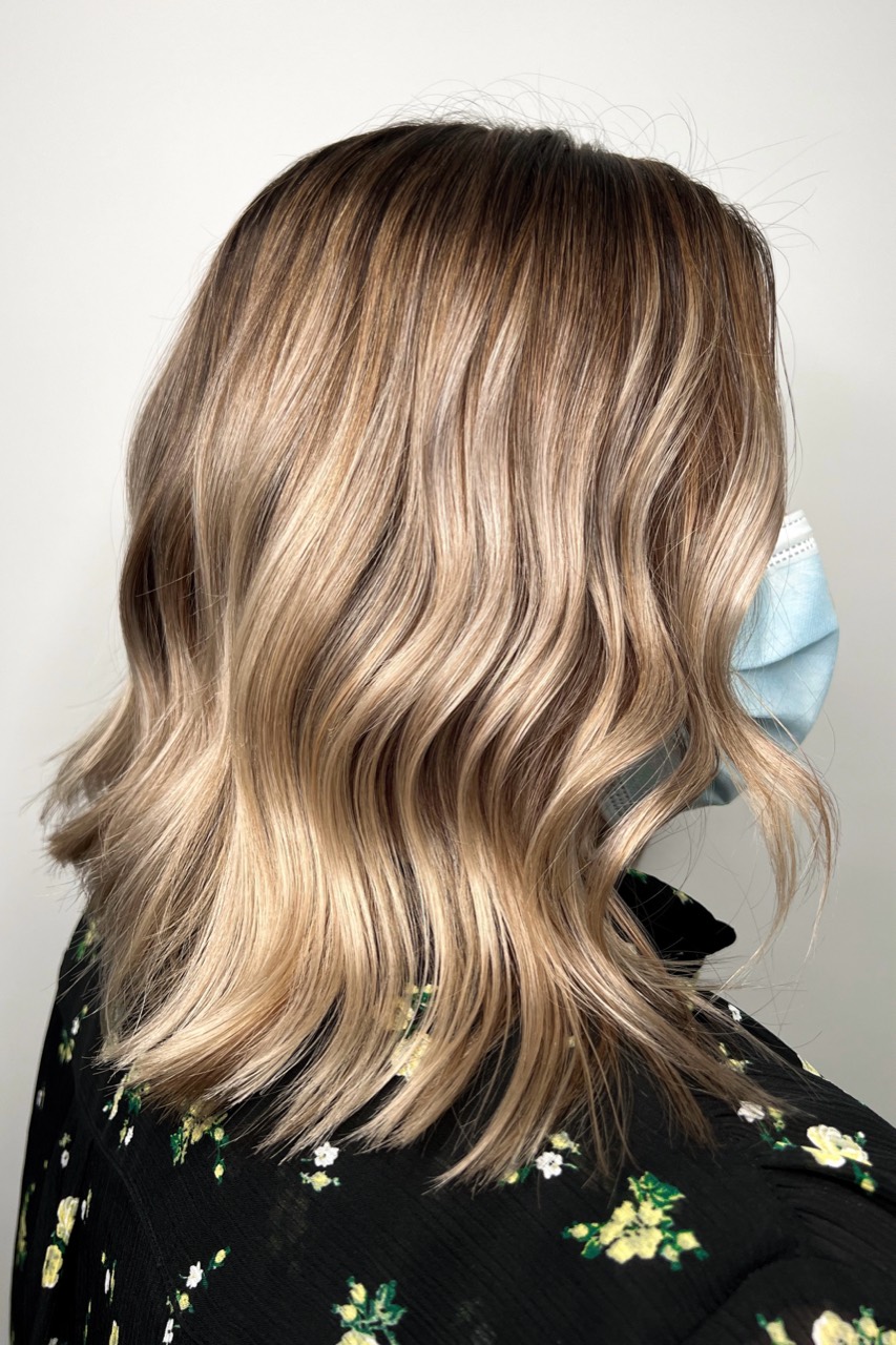 Client C after camel blonde balayage with dimensional warm beige ribbons and a softer finish