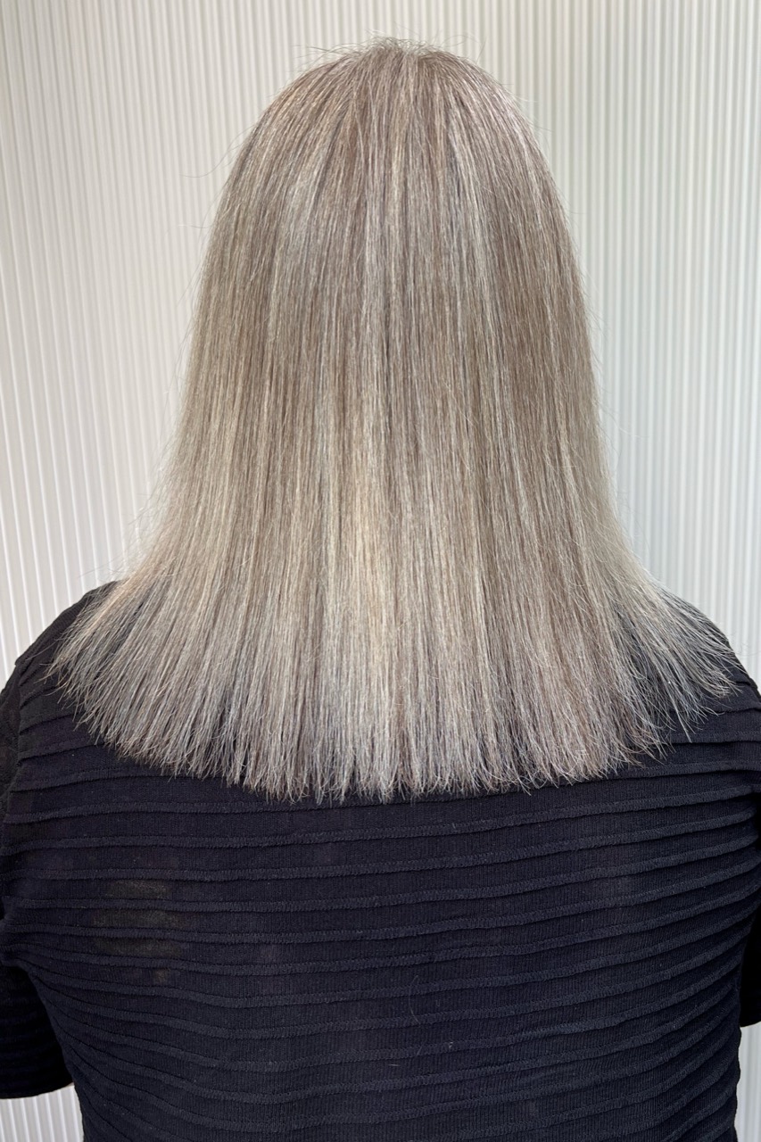 After grey blending from the back showing consistent silver grey through the full length